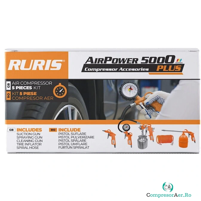 Ruris Kit accesorii compresor RURIS, AirPower 5000PLUS, pistol suflare, pistol pulverizare, pistol spalare, pistol umflare, furtun spiralat la 316.99 lei ron